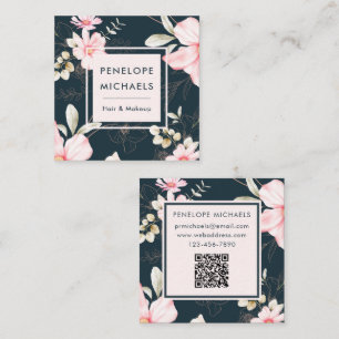 Beautiful Blush Floral with QR Code Dark Blue Square Business Card