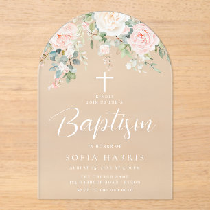 Beautiful Blush Flowers Baby Girls Baptism Acrylic Invitations