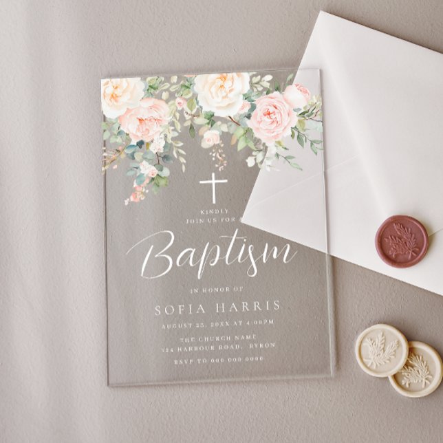 Beautiful Blush Flowers Baby Girls Baptism Acrylic Invitations (Creator Uploaded)