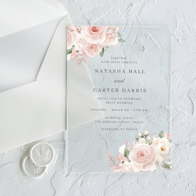 Beautiful Blush Flowers Elegant Wedding Acrylic Invitations (Creator Uploaded)