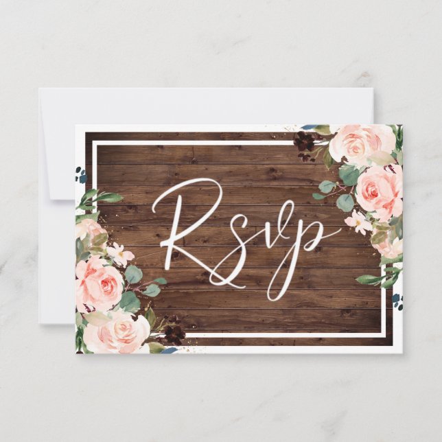 Beautiful Blush Flowers & Rustic Wood Wedding RSVP Card (Front)