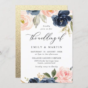 Beautiful Blush & Navy Floral Spring Wedding Invitation