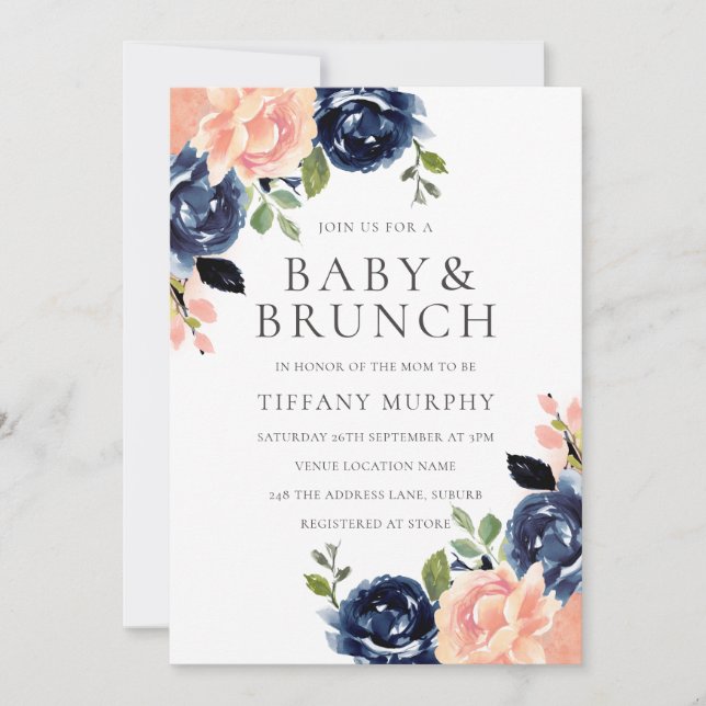 Beautiful Blush & Navy Flowers Baby Shower Brunch Invitation (Front)