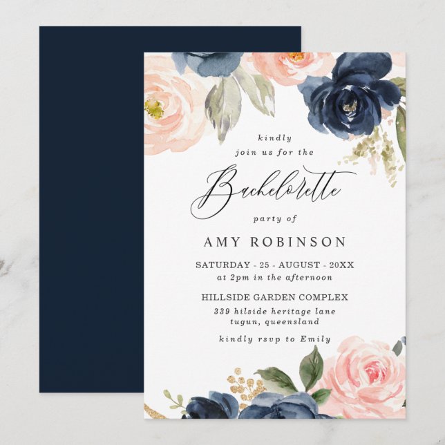 Beautiful Blush & Navy Flowers Bachelorette Party Invitation (Front/Back)