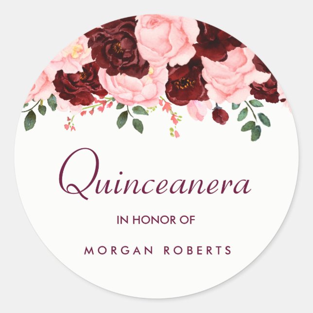 Beautiful Blush Pink Burgundy Floral Quinceanera Classic Round Sticker (Front)