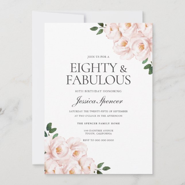 Beautiful Blush Pink Elegant 80th Birthday Invitation (Front)