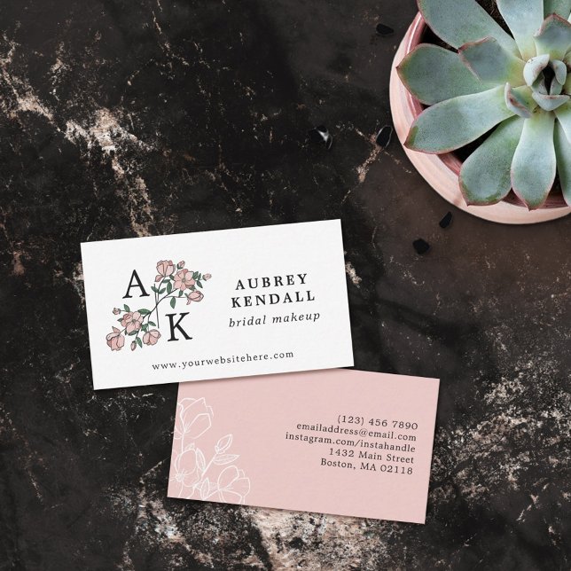 Beautiful Blush Pink Floral 2 Initial Monogram Business Card (Creator Uploaded)