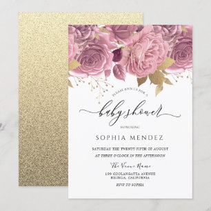 Beautiful Blush Pink Floral Gold Baby Shower Invitation
