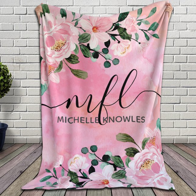 Beautiful Blush Pink Floral Trendy Script monogram Fleece Blanket (Creator Uploaded)