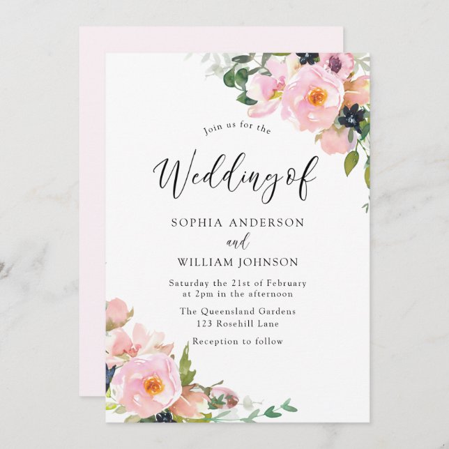Beautiful Blush Pink Flowers Spring Wedding Invitation (Front/Back)