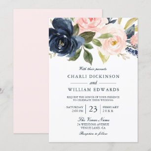 Beautiful Blush Pink & Navy Spring Wedding Invitation