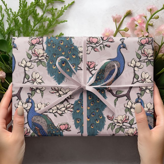Beautiful Blush Pink Peacocks and Magnolia Flowers Wrapping Paper (Elegant Floral Blue Peacock Birds, Magnolia Branches in Bloom, Blush Pink Background. Hand Drawn.)