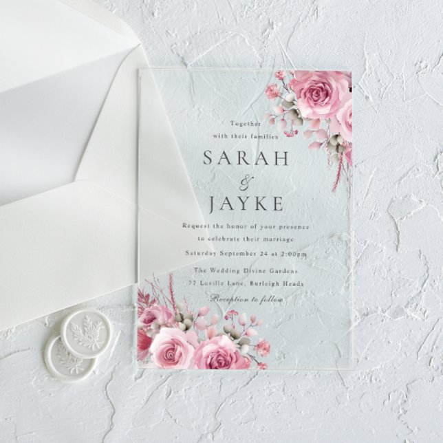 Beautiful Blush Roses Elegant Wedding Acrylic Invitations (Creator Uploaded)