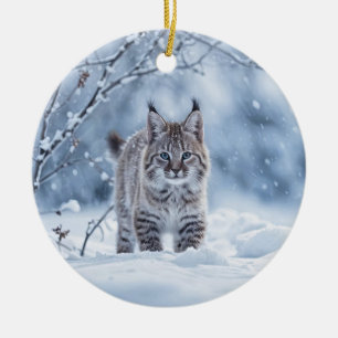 Beautiful Bobcat in  Snow Christmas Ceramic Tree Decoration