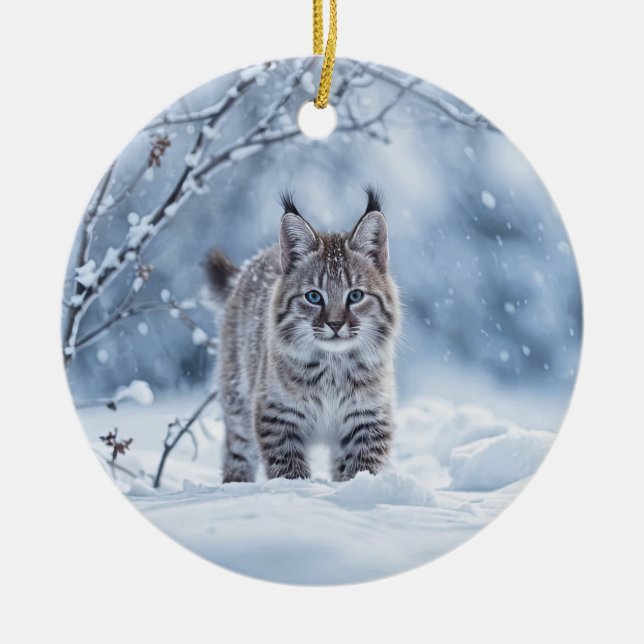 Beautiful Bobcat in  Snow Christmas Ceramic Tree Decoration (Front)