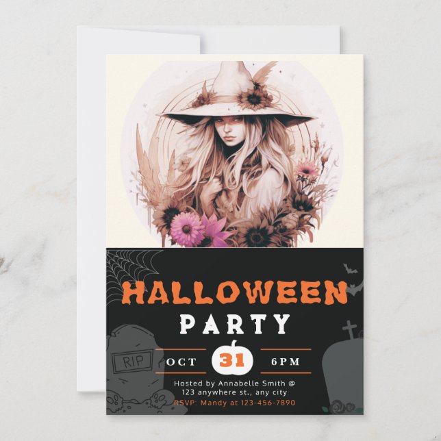 Beautiful Bohemian Witch Hat Flowers Halloween Invitation (Front)