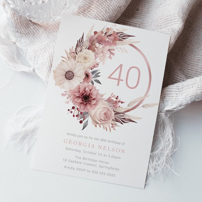 Beautiful Boho Blush 40th Birthday Party Invitation (Creator Uploaded)