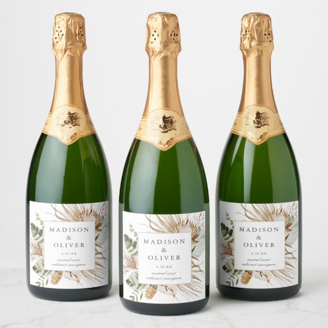 Beautiful Boho Botanical Chic White Wedding  Sparkling Wine Label (Bottles)