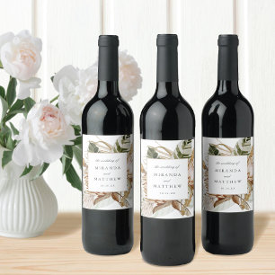 Beautiful Boho Botanical Floral White Wedding Wine Label