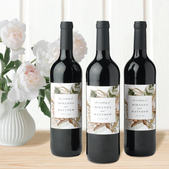 Beautiful Boho Botanical Floral White Wedding  Wine Label (Creator Uploaded)