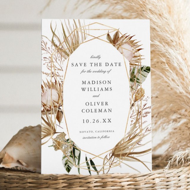 Beautiful Boho Botanical Geometric White Wedding Save The Date (Creator Uploaded)
