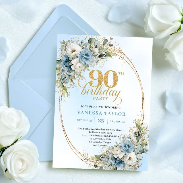 Beautiful Boho Dusty Blue White Flowers 90th Bday Invitation (Beautiful Boho Dusty Blue White Flowers 90th Birthday)
