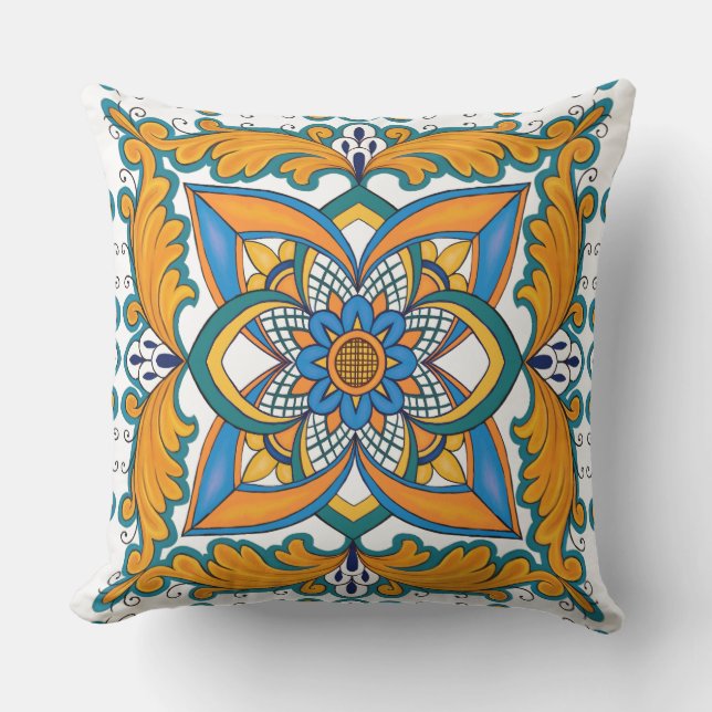 Beautiful Boho Italian Tile Outdoor Pillow (Front)