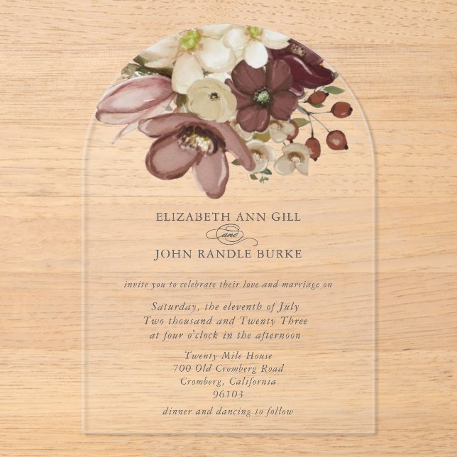 Beautiful boho rose & neutral wedding  acrylic invitations (Front)