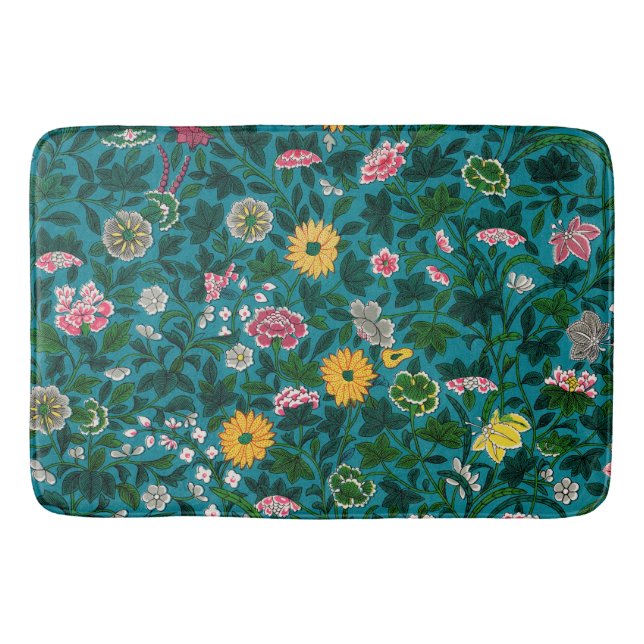 Beautiful Bold Floral Boho Blue Green  Bath Mat (Front)