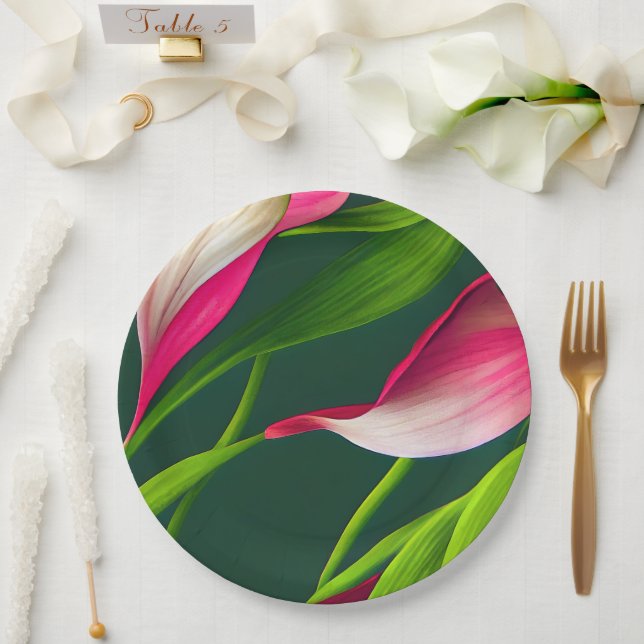 Beautiful Bold Pink & Green Calla Lilly Florals Paper Plate (Wedding)