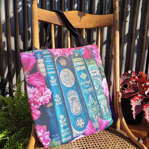 Beautiful Book Spines & Pink Roses Tote Bag