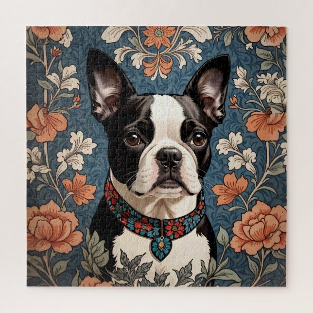 Beautiful Boston Terrier William Morris Inspired Jigsaw Puzzle (Vertical)