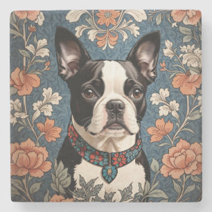 Beautiful Boston Terrier William Morris Inspired Stone Coaster