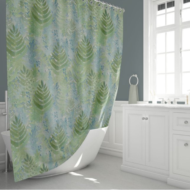 Beautiful Botanical Blues Greens Shower Curtain (Delicate Fern Leaves In Shades Of Blues And Greens Shower Curtain from Studio Posies.)