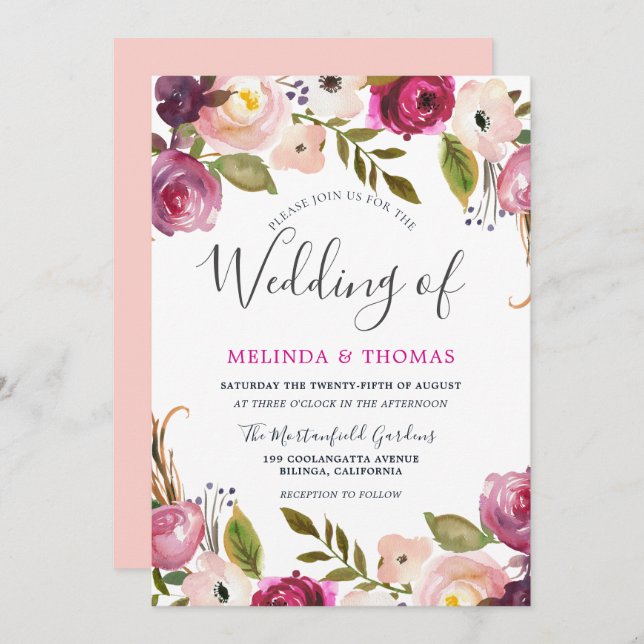Beautiful Botanical Blush Floral Elegant Wedding Invitation (Front/Back)