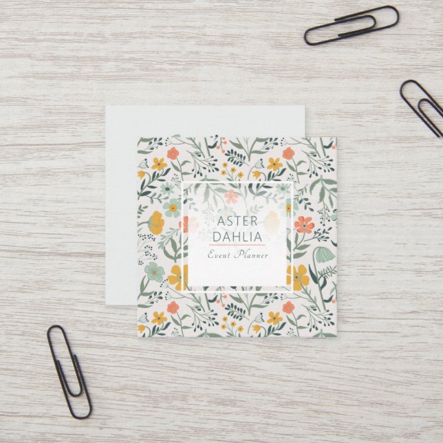 Beautiful Botanical Floral Pattern Square Business Card (Front/Back In Situ)