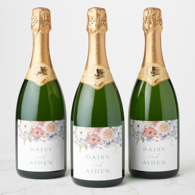 Beautiful Botanical Floral Watercolor Wedding Sparkling Wine Label (Bottles)
