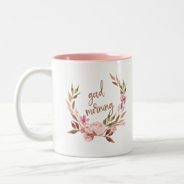 Beautiful Botanical | Floral Wreath Good Morning Two-Tone Coffee Mug (Left)