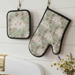 Beautiful Botanical Flowers and Leaves Light Green Oven Mitt & Pot Holder Set