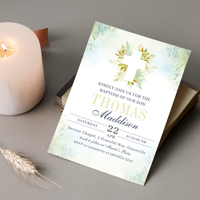 Beautiful Botanical White Cross Baptism Invitation (Creator Uploaded)