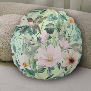 Beautiful Botanical Wildflowers and Hummingbird Round Cushion