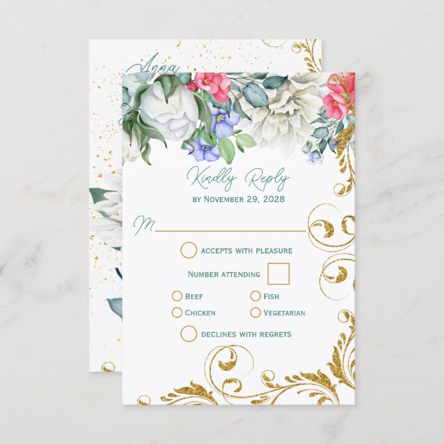 Beautiful Botanicals with Faux Gold Swirls RSVP (Front/Back)
