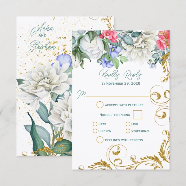 Beautiful Botanicals with Faux Gold Swirls RSVP Card (Front/Back)
