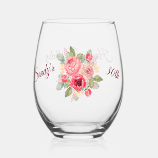 Beautiful Bouquet of Painted Pink Roses Watercolor Stemless Wine Glass