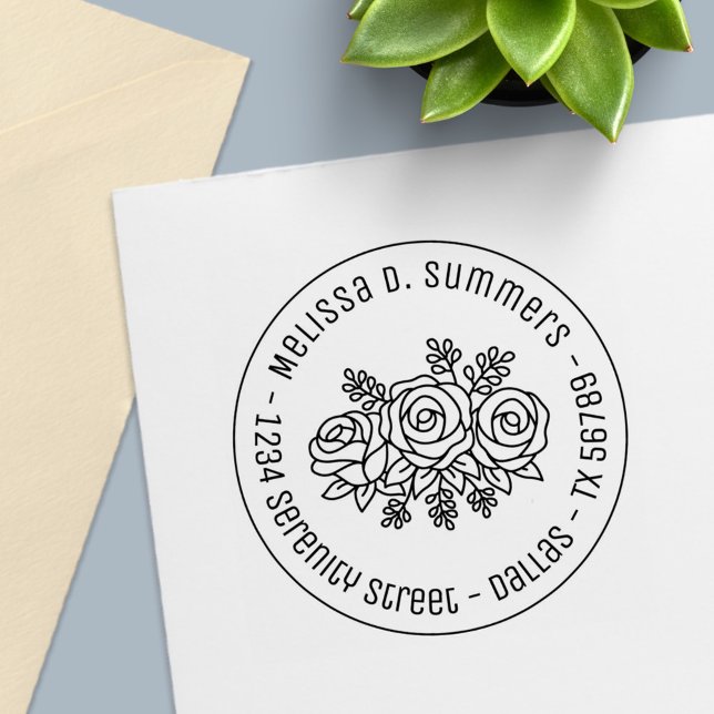 Beautiful Bouquet of Rose Flowers Round Address 3 Self-inking Stamp (Creator Uploaded)