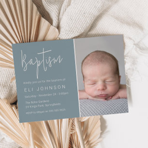 Beautiful Boy Photo Dusty Blue Baptism Invitation