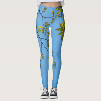 beautiful branch with green and yellow leaves hug leggings