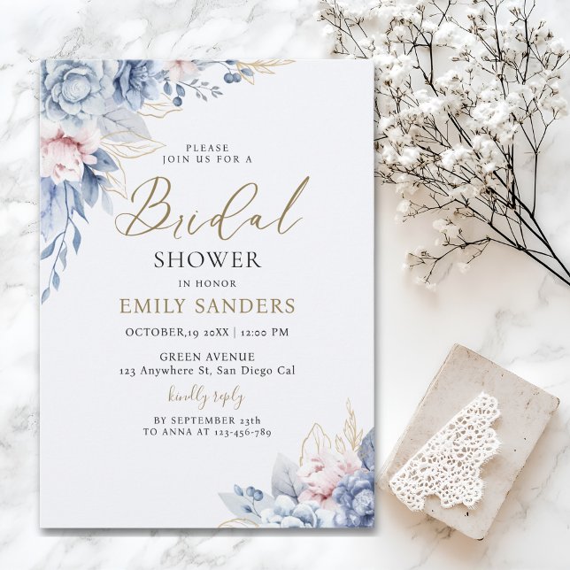 Beautiful Bridal Shower with Flowers Blue Tones Invitation (Creator Uploaded)