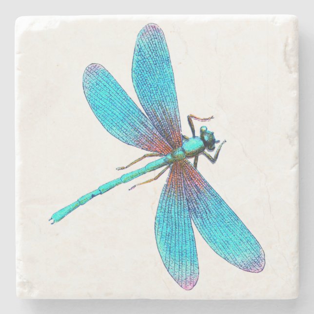 Beautiful Bright Blue Turquoise Dragonfly Stone Coaster (Front)
