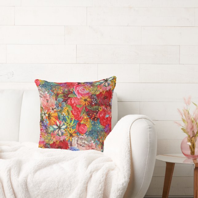 Beautiful Bright Colourful Abstract Floral Pattern Cushion (Couch)